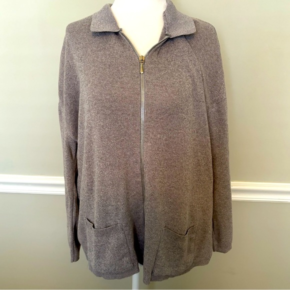 Saks Fifth Avenue Sweaters - SAKS FIFTH AVENUE Petite Gray Cotton Zip-Up